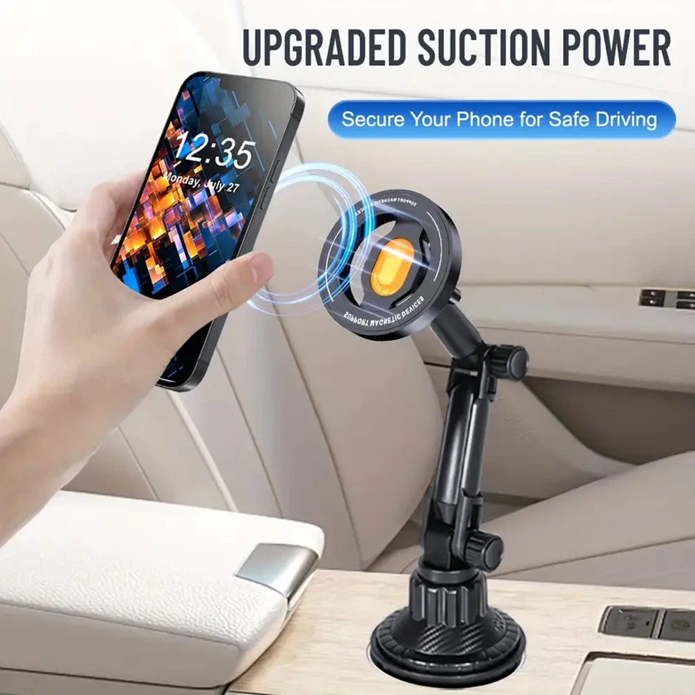 Black adjustable car phone mount with a suction base, circular magnetic head, and extended arm in a vehicle interior.
