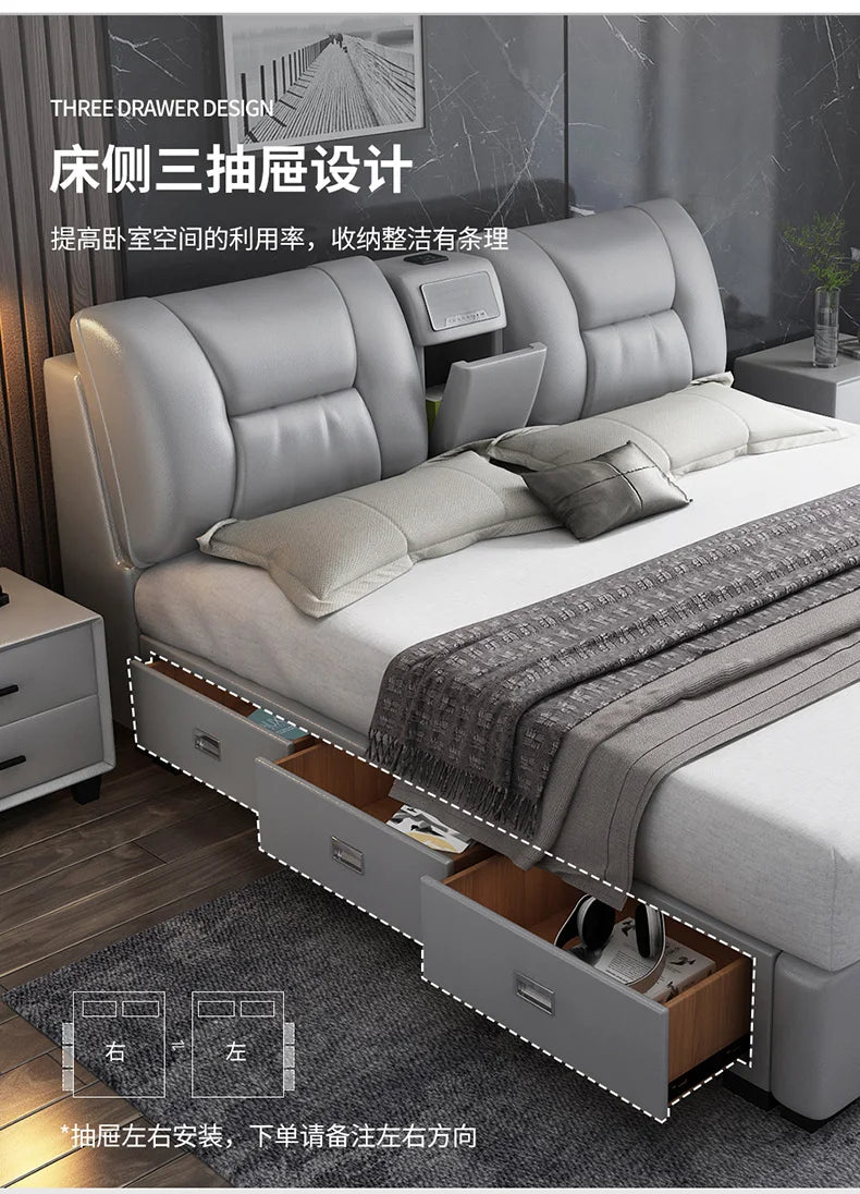 Minimalist grey upholstered king size bed with a cushioned headboard, built-in storage console, and three side drawers.