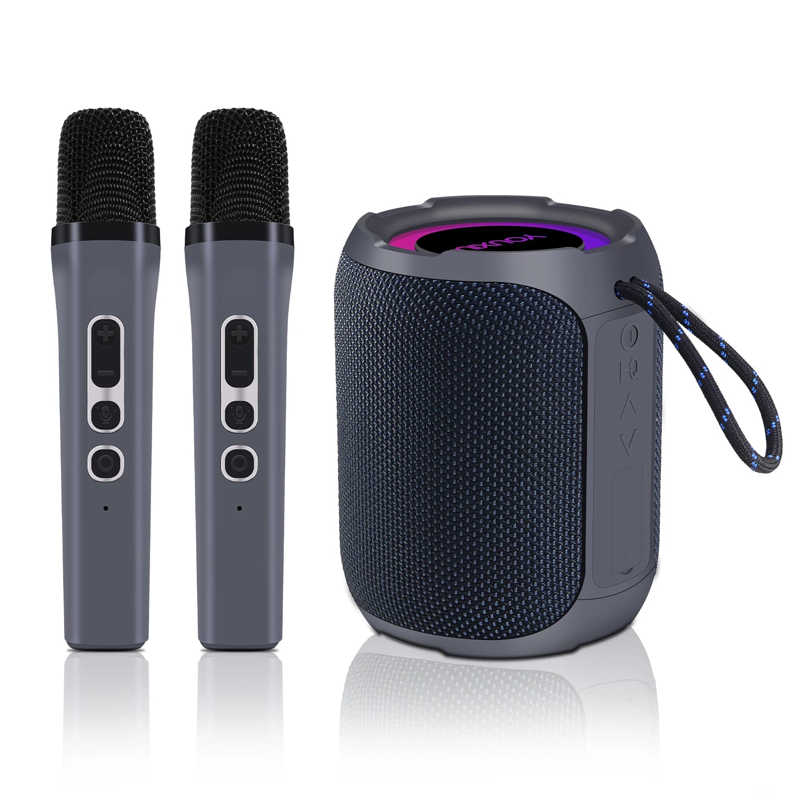Dark grey portable Bluetooth speaker with carry strap, plus two matching wireless microphones for karaoke.