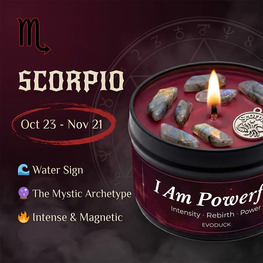 Scorpio zodiac candle in a black tin with red wax, topped with crystals and a silver Scorpio charm.