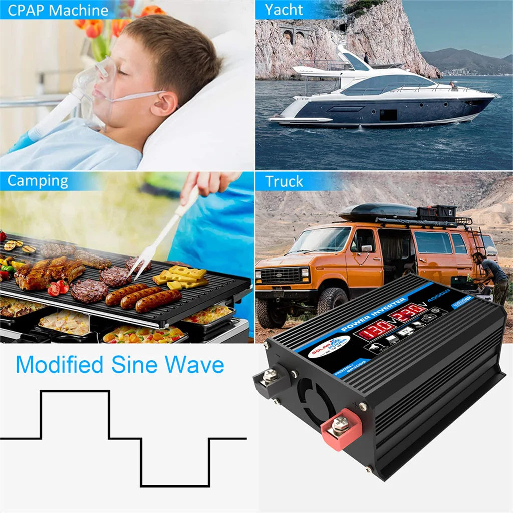 Black 4000W DC to AC power inverter with digital display, shown with usage examples for travel, camping, and medical use.