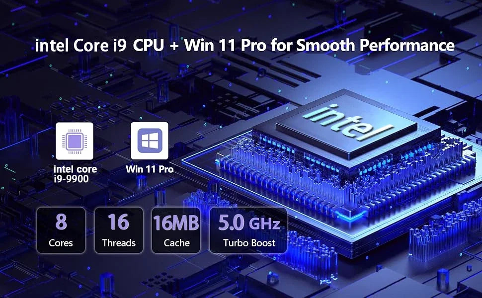 A dark blue circuit board background highlighting a Core i9 processor and Windows 11 Pro performance specifications.