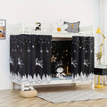 Black privacy bunk bed curtains featuring a festive white reindeer, snowflake, and forest print on a black background.