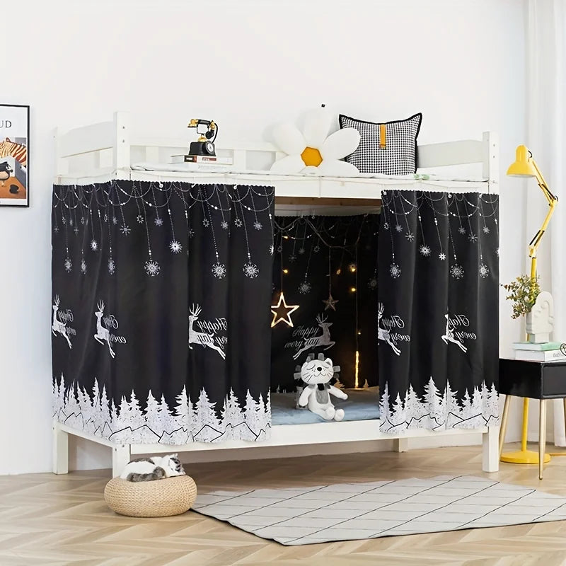 Black privacy bunk bed curtains featuring a festive white reindeer, snowflake, and forest print on a black background.