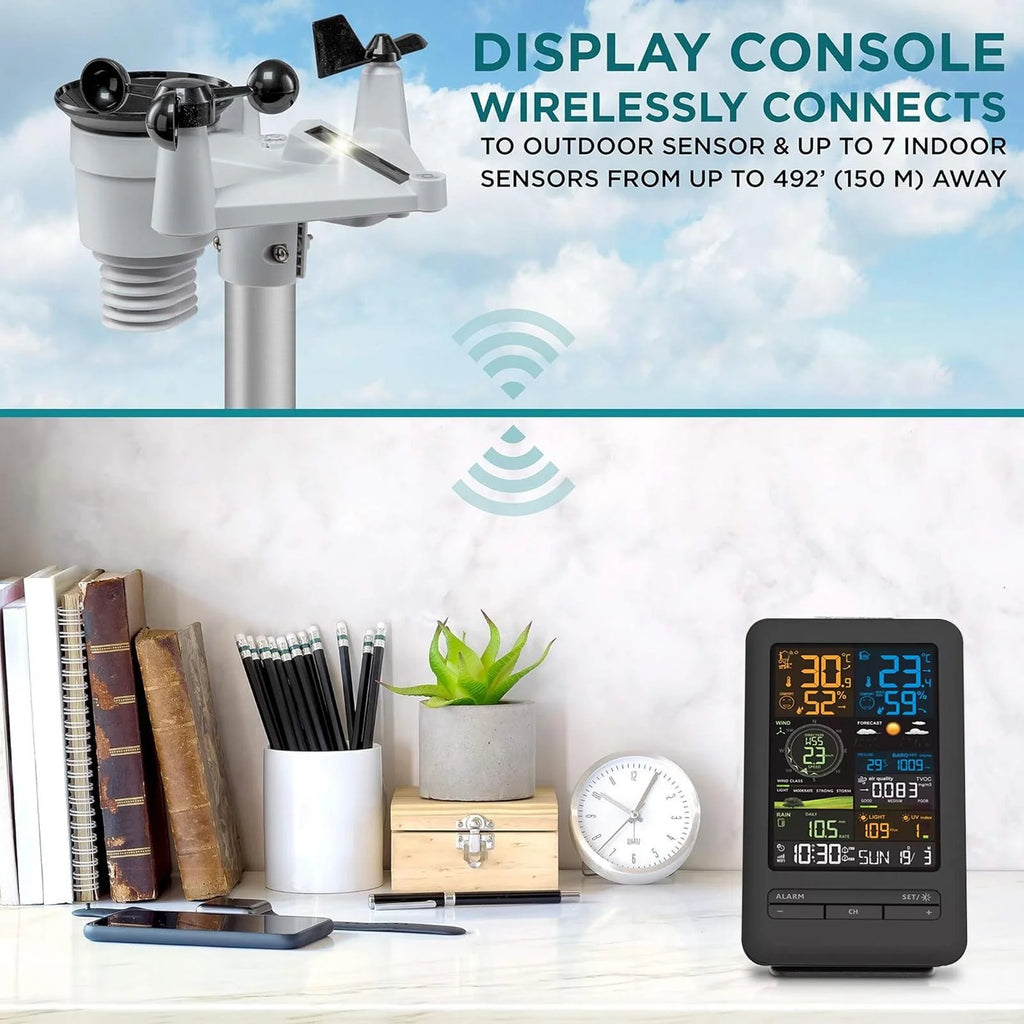 Smart weather station with grey outdoor sensor and sleek black digital console displaying colourful weather metrics.