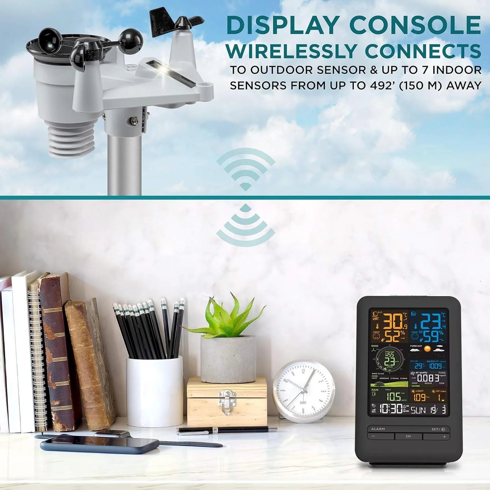 Smart weather station with grey outdoor sensor and sleek black digital console displaying colourful weather metrics.