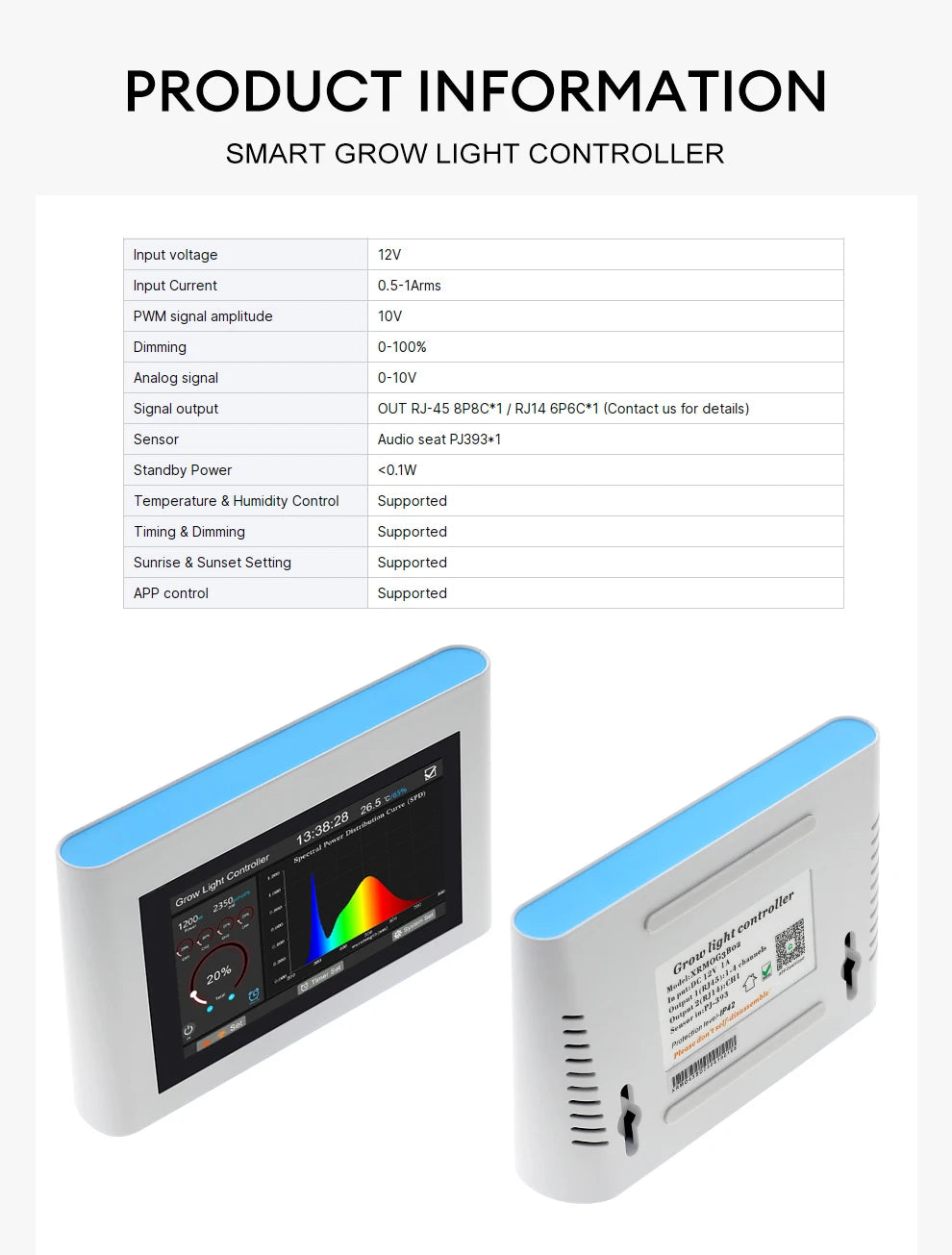 White smart grow light controller with a 4.3-inch touchscreen, blue top trim, and back mounting slots.