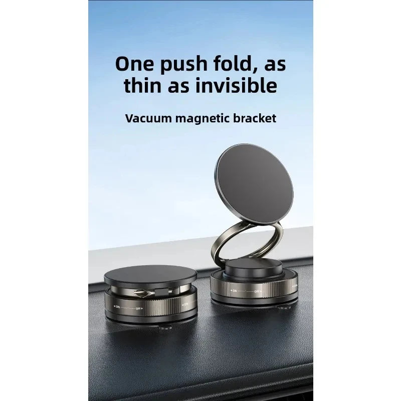 Two slim, circular, matte black vacuum magnetic brackets for car dashboards, one folded flat and one extended.