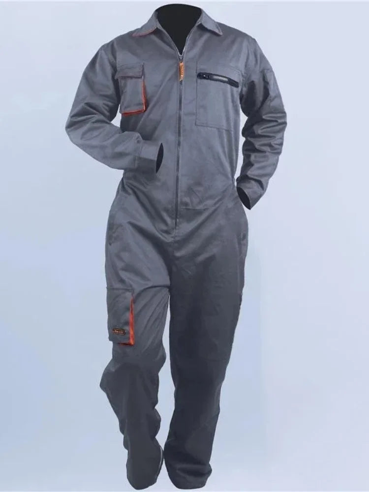 Grey cotton work coveralls with zipper closure, chest and leg pockets, and orange accents on a white background.