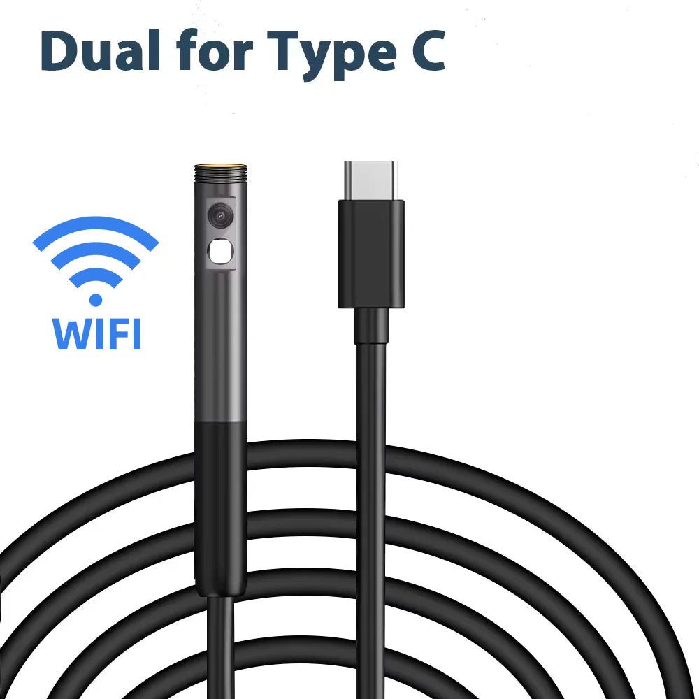 Grey industrial inspection camera with a long black cable and a USB-C connector, featuring Wi-Fi connectivity.