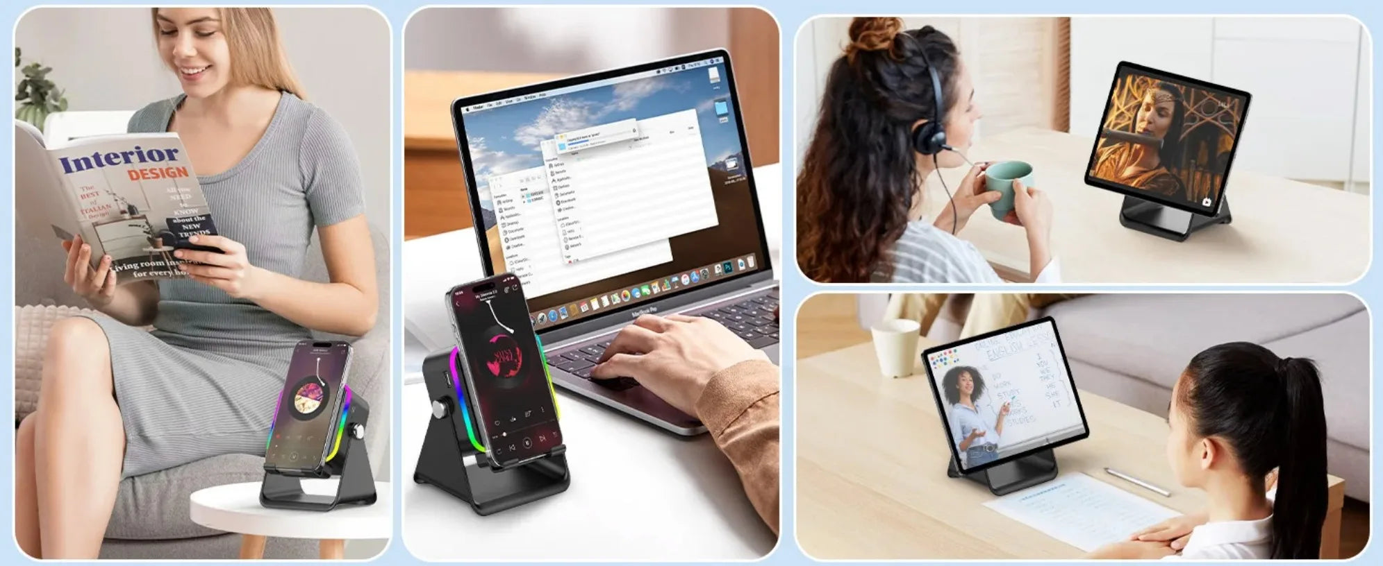 Black 5-in-1 portable Bluetooth speaker with adjustable phone stand and colourful RGB lighting, shown in use.