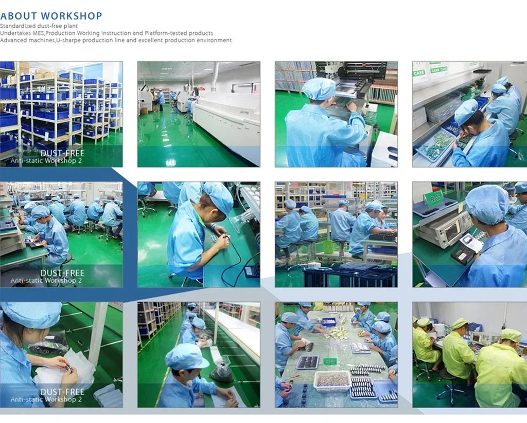 Collage of workers in blue anti-static uniforms and hairnets performing assembly tasks in a cleanroom factory environment.