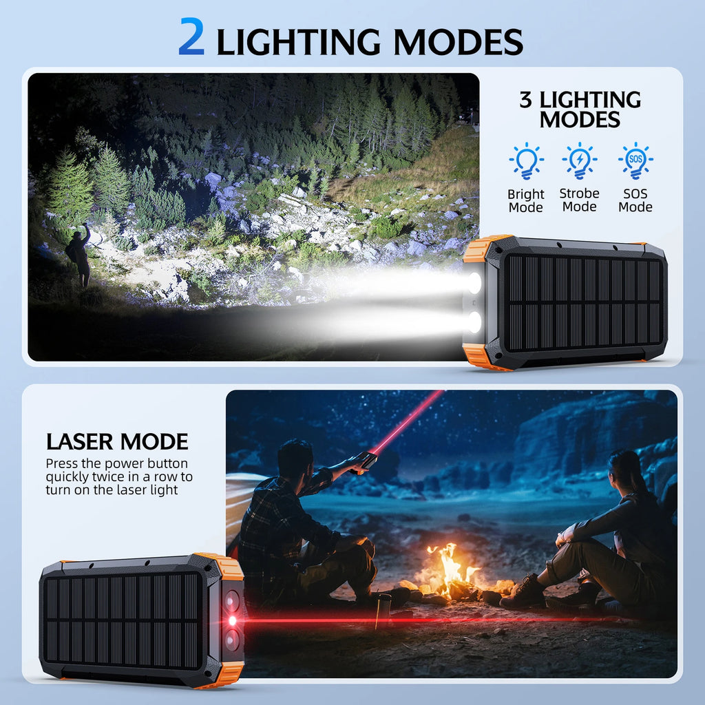 Rugged black and orange solar power bank showing dual LED torch modes and a red laser pointer feature.