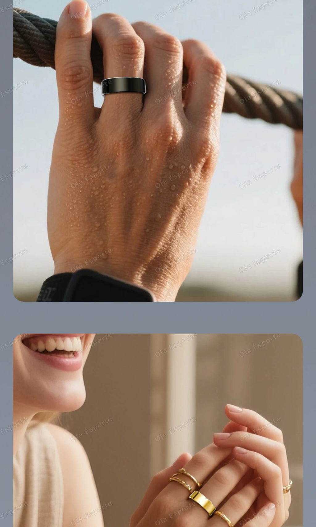 Sleek, minimalist smart fitness tracking rings in black and gold worn on fingers, showcasing a modern, durable design.