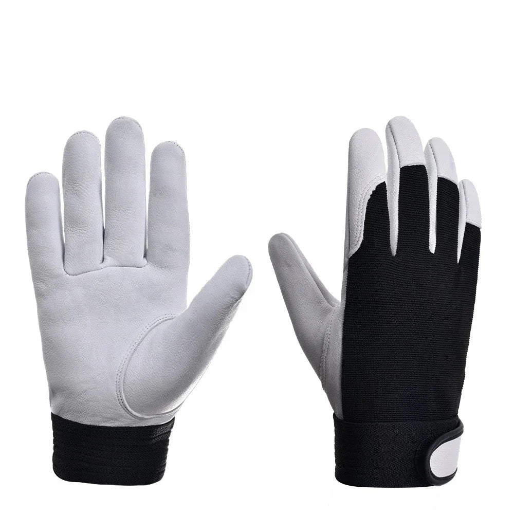 Grey cowhide leather work gloves with a black breathable fabric back and adjustable hook-and-loop wrist strap.