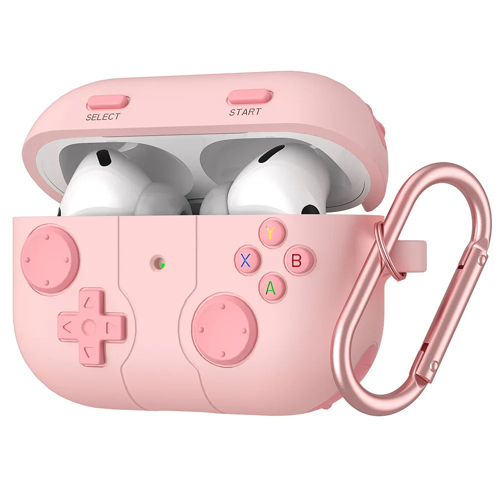 Pink silicone AirPods Pro case designed as a retro game controller, complete with a metal carabiner clip.