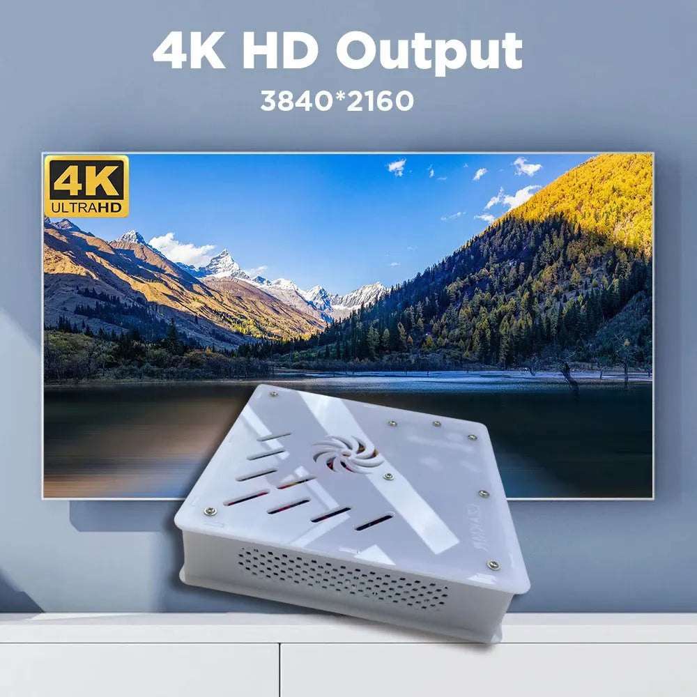 White X8 retro game console box with ventilation slits and a cooling fan, displayed in front of a 4K TV screen.