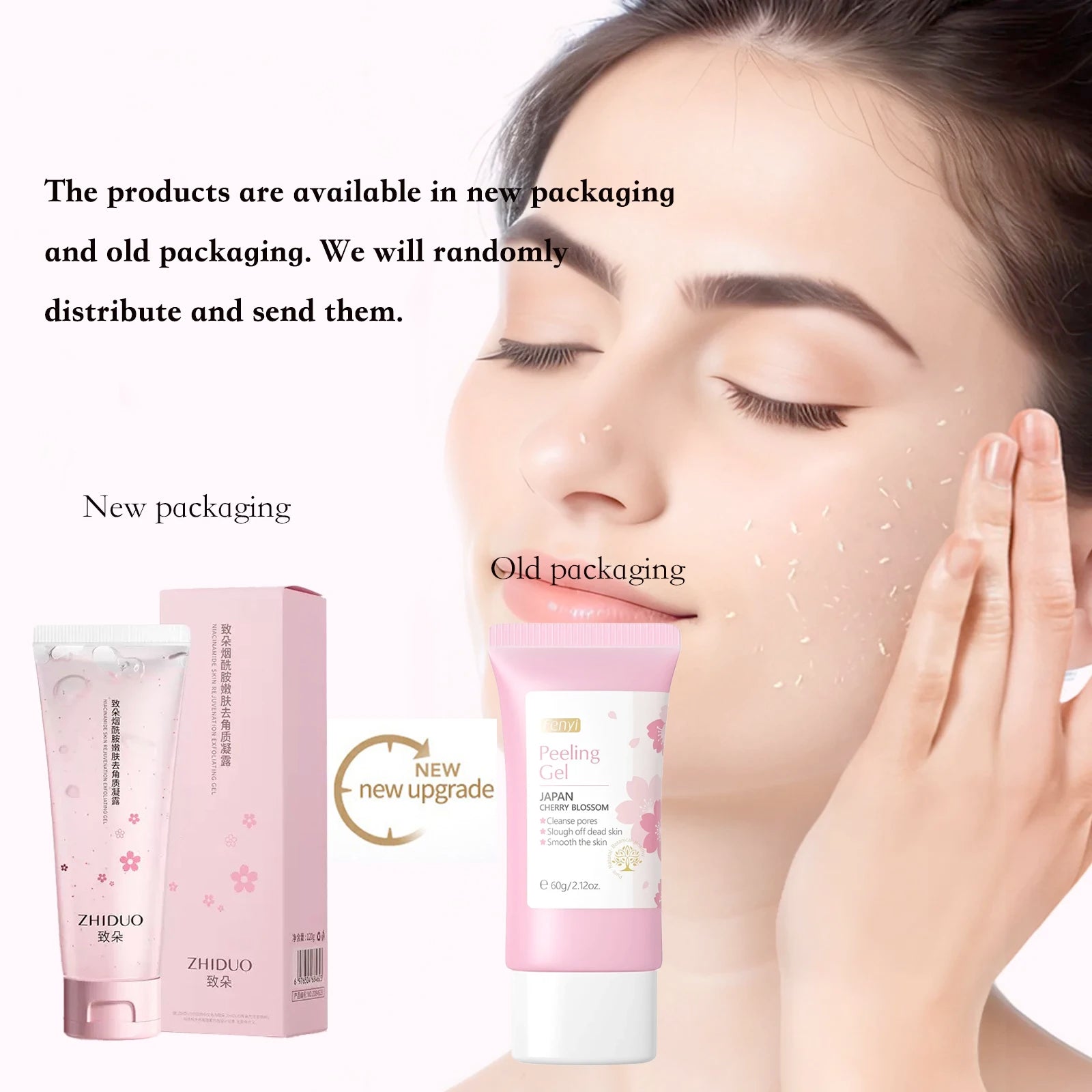 Pink cherry blossom exfoliating peeling gel in two packaging designs for skin smoothing and pore cleansing.