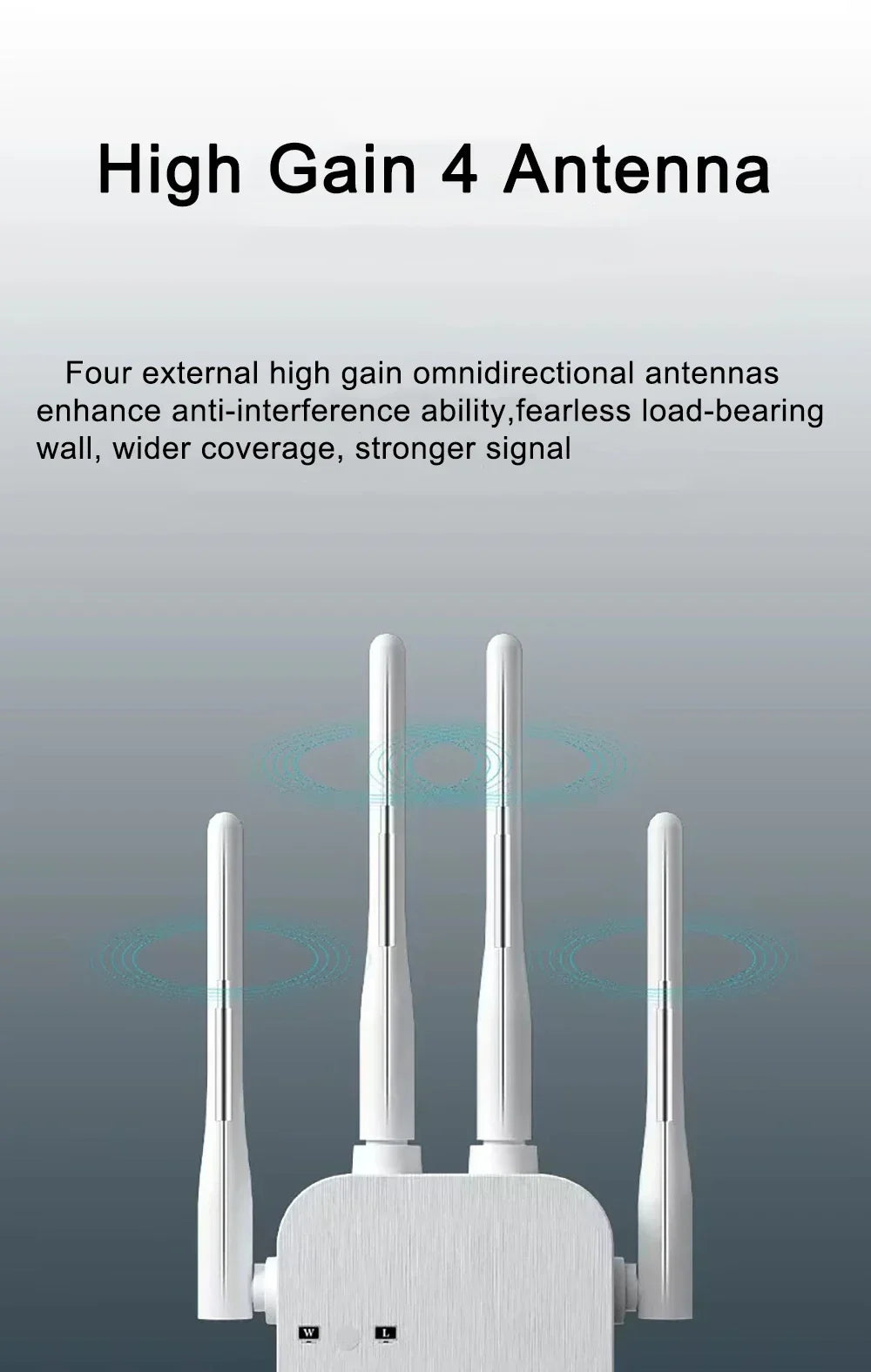 White WiFi repeater featuring four external high-gain antennas for improved signal coverage and strength.