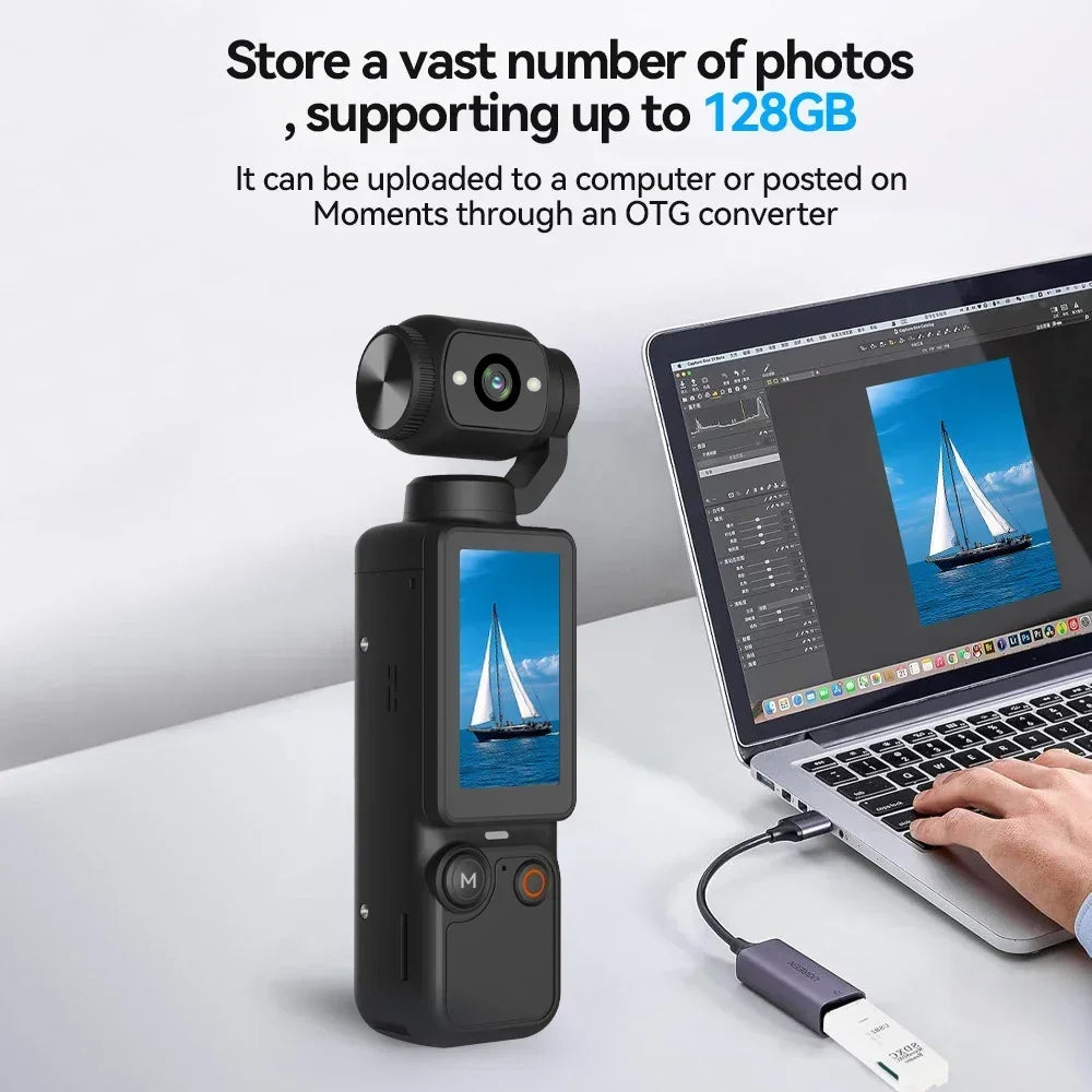 Black handheld gimbal camera with a touchscreen, buttons, and a camera lens, connected to a laptop via OTG adapter.