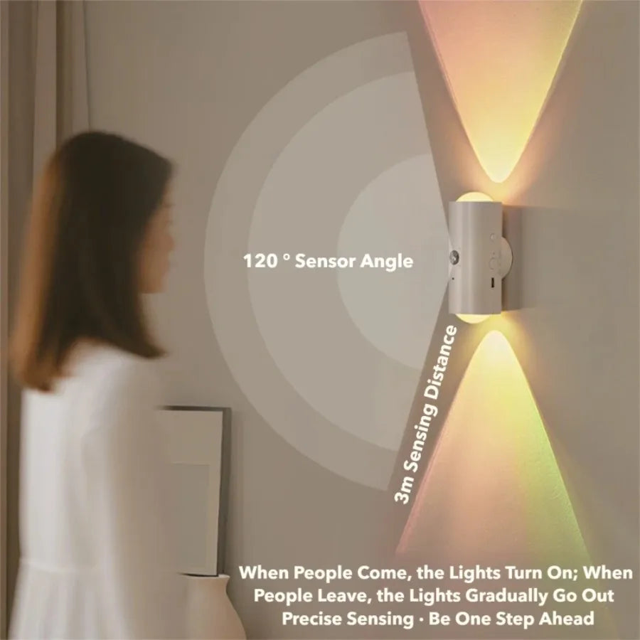 Modern white RGB LED wall light with motion sensor, casting colourful up-and-down beams as a person walks past.
