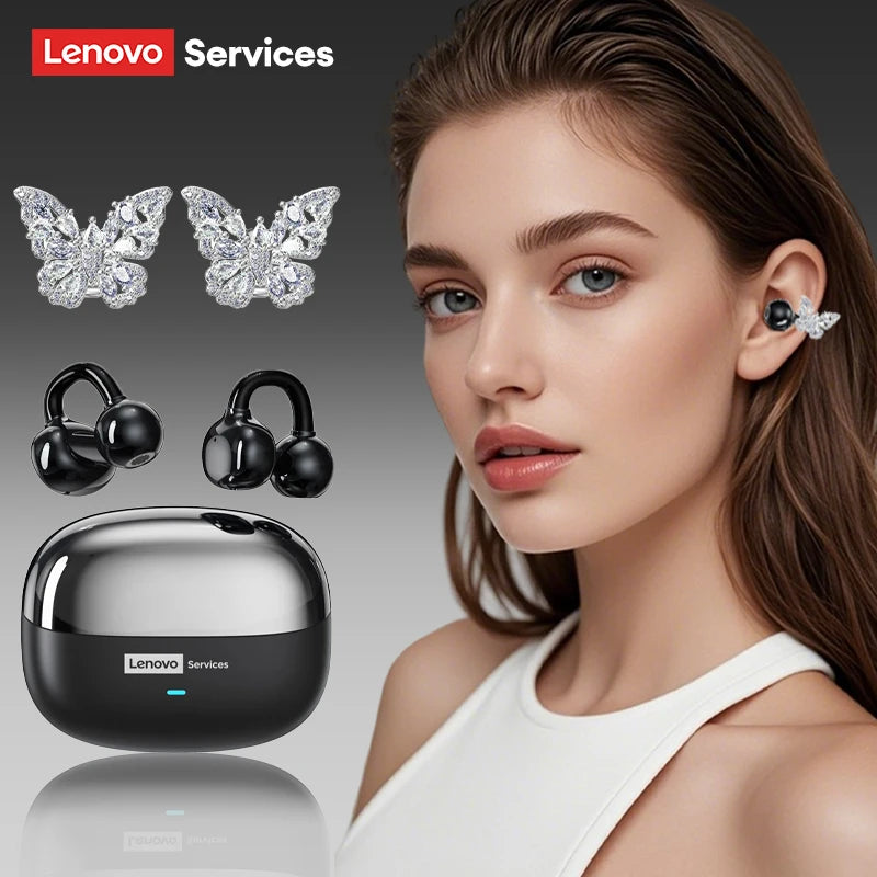 Wireless earbuds with butterfly-shaped ear cuffs, featuring crystals and a sleek black and silver charging case.