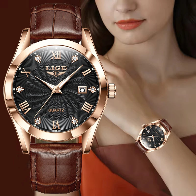 Elegant women’s quartz watch with a black sunburst dial, crystal markers, rose gold bezel, and brown leather strap.