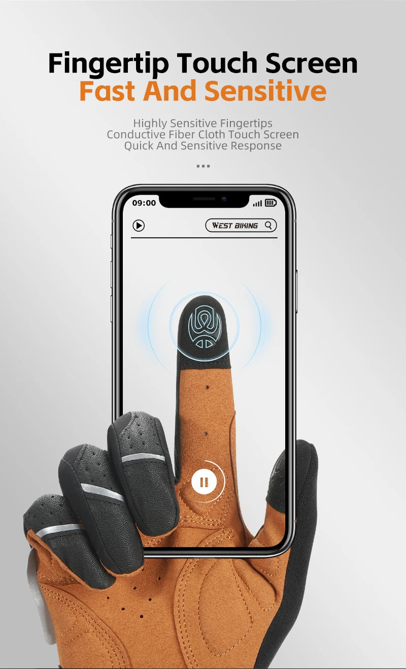 Tan and black cycling gloves with conductive fingertips for touchscreen use, shown interacting with a smartphone screen.