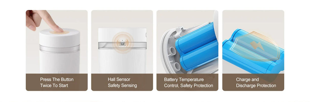 Four panels showing a white, cylindrical electric device, its sensor, internal blue batteries, and charging protection.