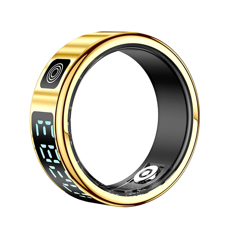 Gold-tone smart health ring with a black interior, featuring an integrated digital display and health sensors.