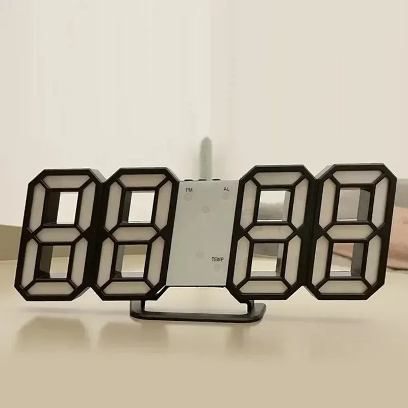 Modern black digital LED alarm clock with a minimalist 3D display, featuring time, alarm, and temperature settings.