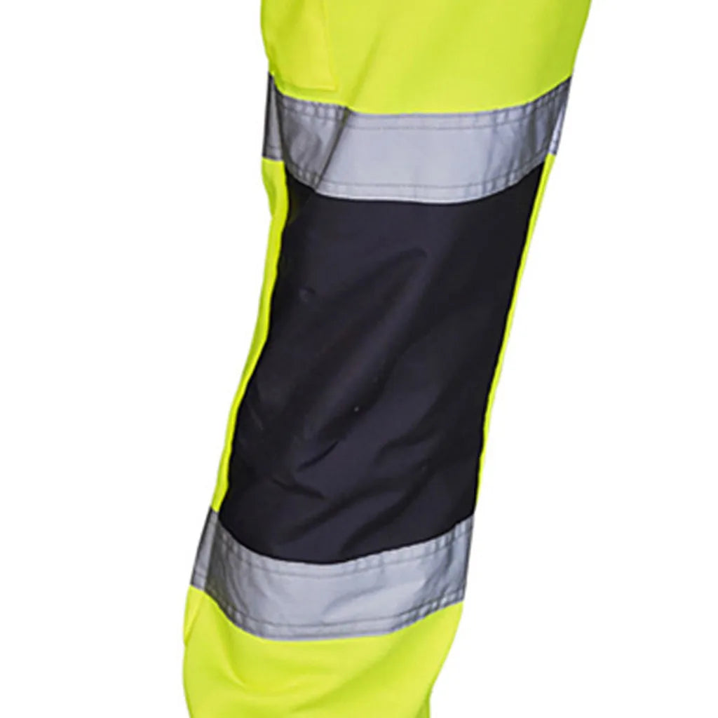 Men’s high-vis yellow work trousers featuring black knee panels and horizontal reflective silver strips.