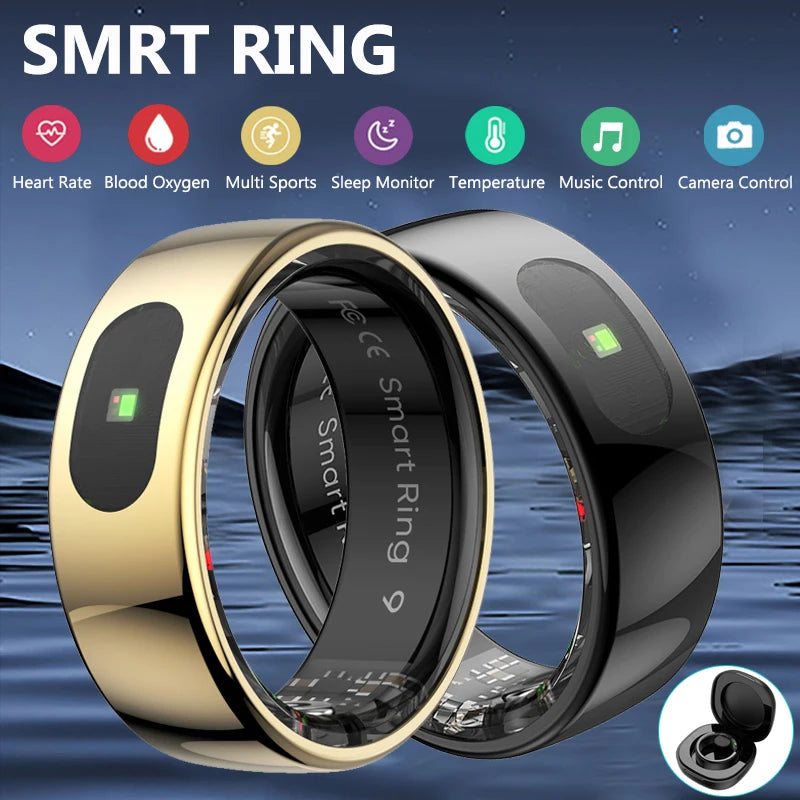 Gold and black smart rings shown with icons for health, sleep, and fitness tracking plus a portable charging case.