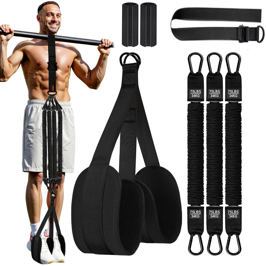 Black pull-up assistance band set with hanging rope, pull bar, padded foot loops, and three 75lb resistance straps.