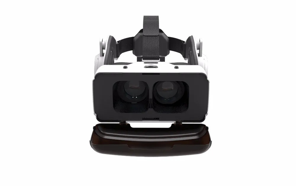 White and black VR headset for smartphones with adjustable head straps and an open front cover, front-facing view.