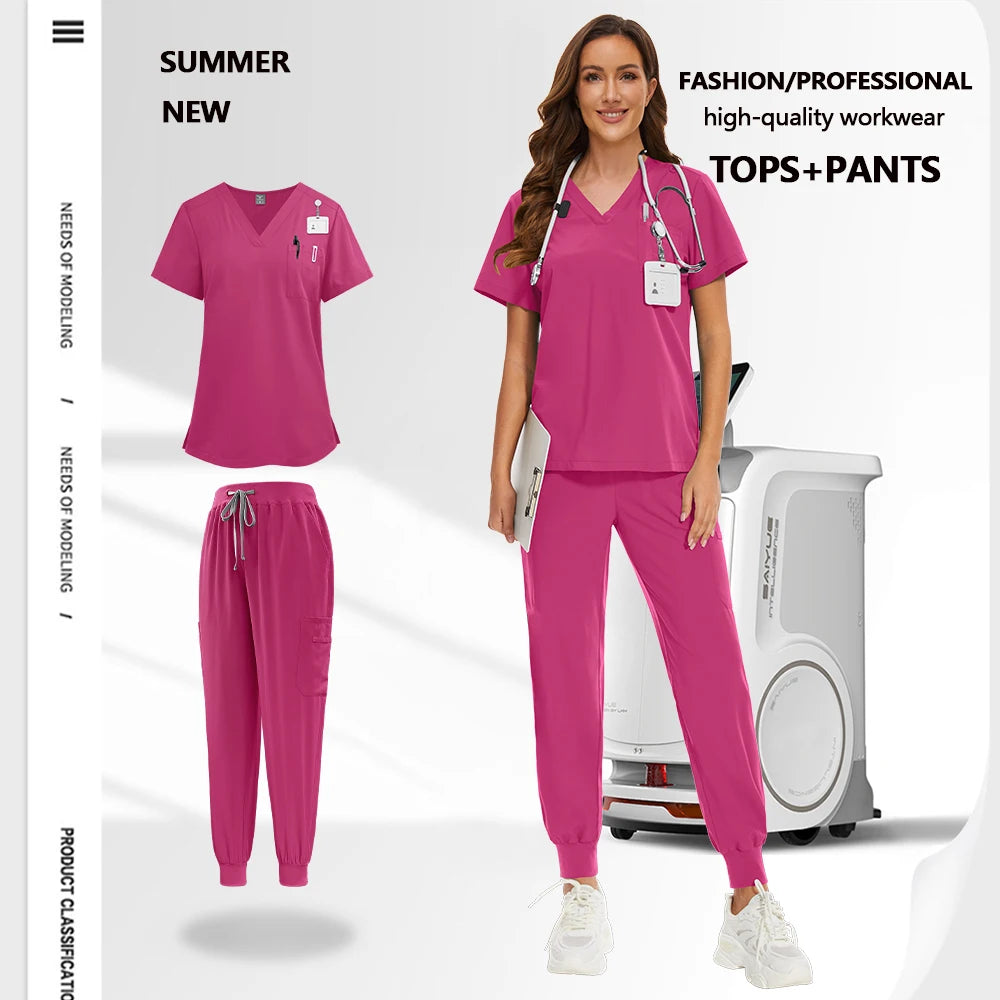 Unisex fuchsia pink medical scrub set featuring a V-neck top with pockets and joggers with a drawstring waist.