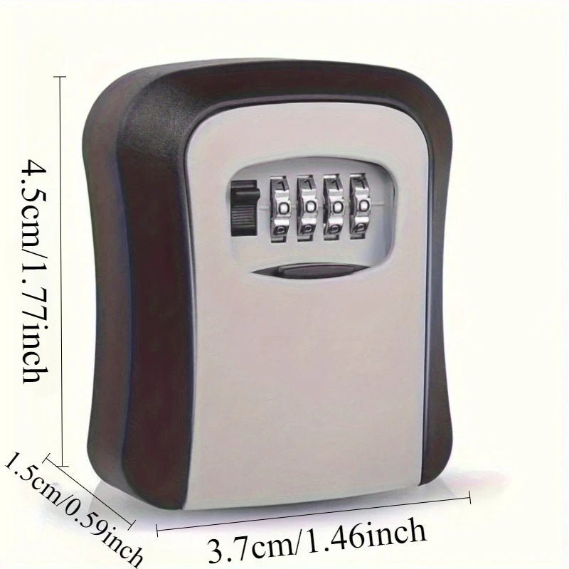 Black and silver plastic wall-mounted key lock box with a four-digit combination dial and dimensions labeled.