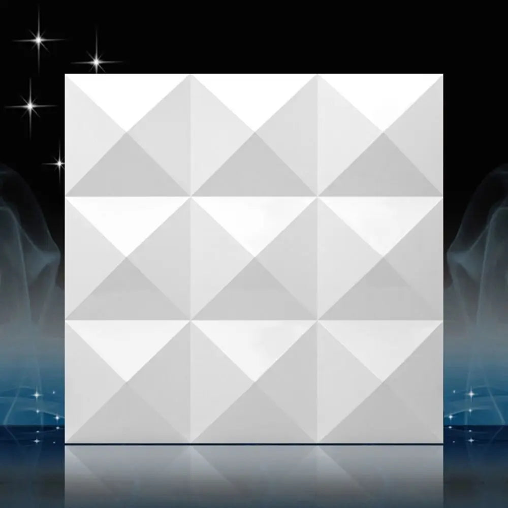 White 3D decorative wall panel with a geometric diamond pattern against a dark background.