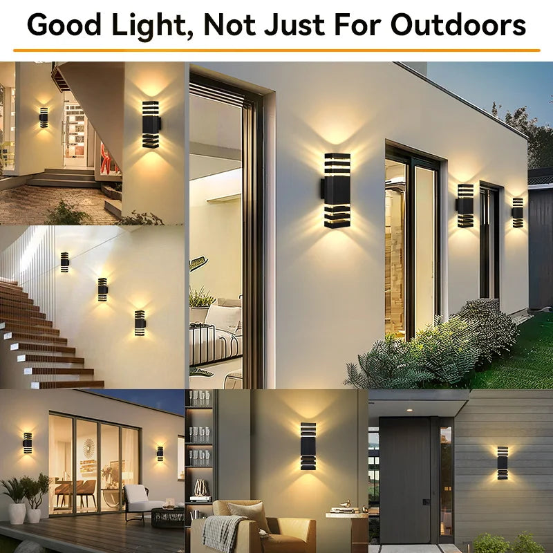 Black rectangular LED wall light with upward and downward warm illumination, suitable for indoor and outdoor settings.
