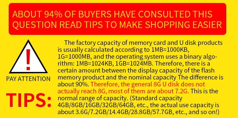 An informational graphic explaining the difference between factory and actual usable storage capacity for USB drives.