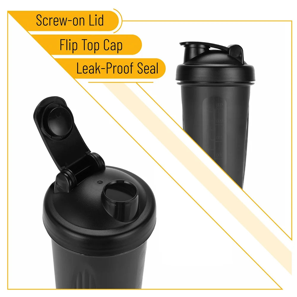 Black protein shaker bottle with a screw-on lid and leak-proof flip-top cap, shown from two angles.