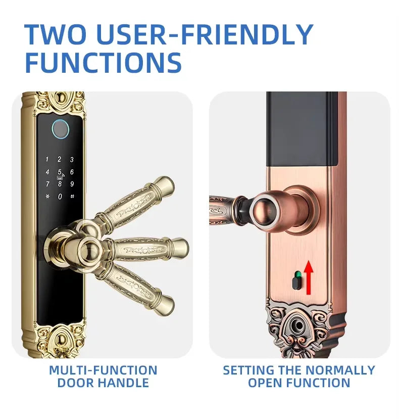 Ornate gold and copper smart door lock with biometric fingerprint scanner, keypad, and rotating handle.