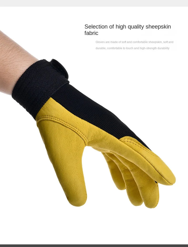 Yellow and black leather safety work gloves with a secure wrist strap and durable, high-quality fabric construction.