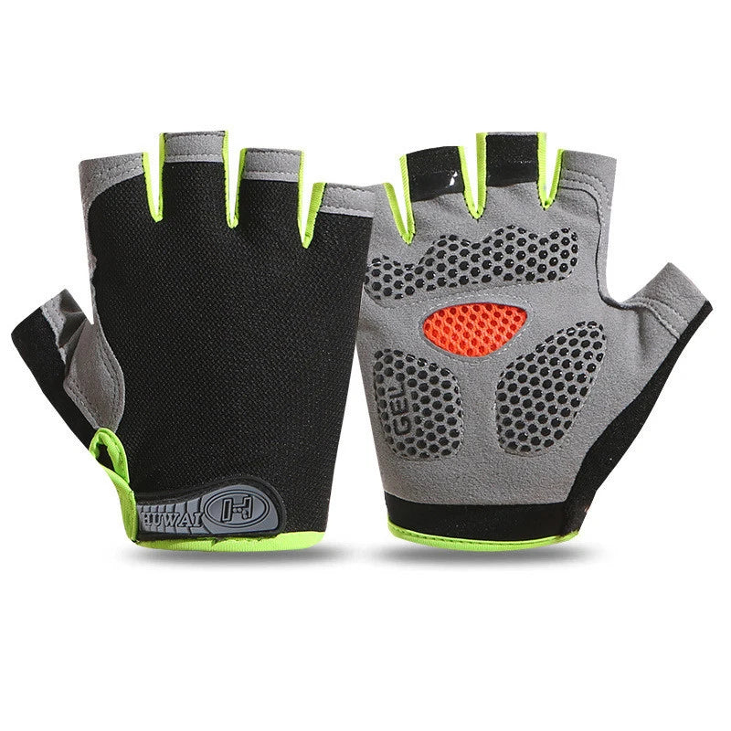 Pair of black and grey fingerless cycling gloves with neon green trim, gel-padded palms, and orange mesh detail.