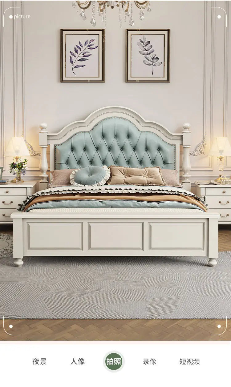Elegant cream-coloured double bed frame with a button-tufted, sage green upholstered headboard.