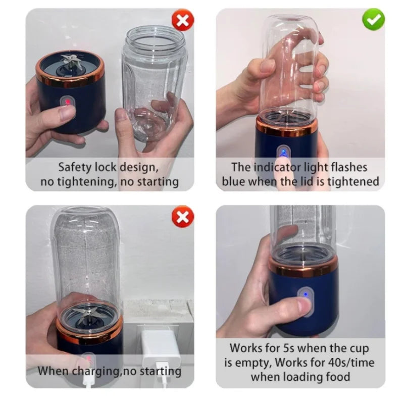 Portable electric blender with a navy base, copper trim, and clear plastic cup, showing safety and operation features.