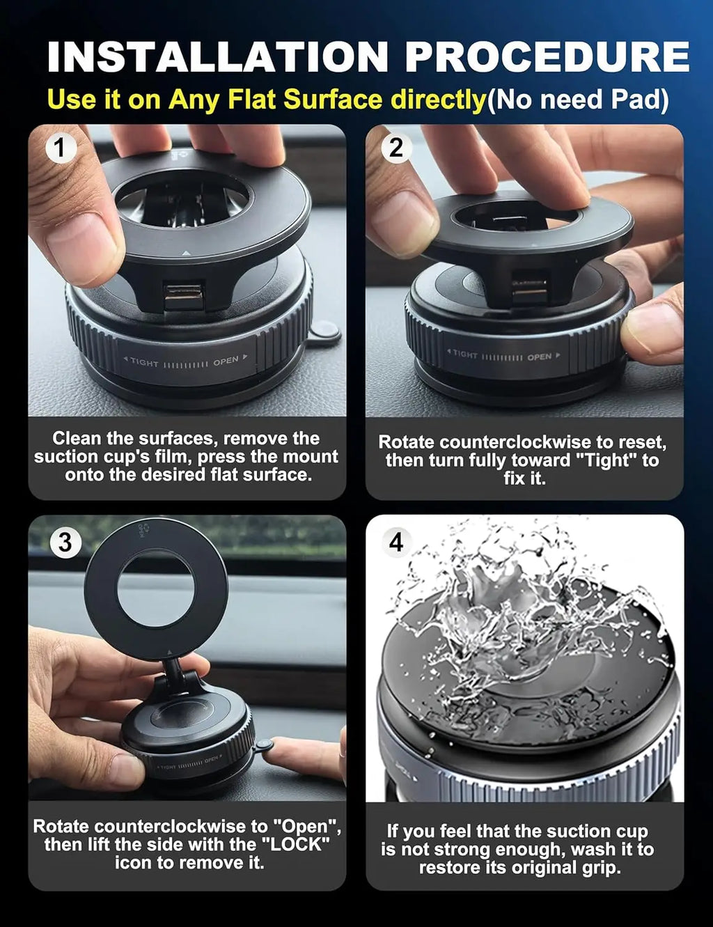 Four-step instruction graphic showing a black circular suction mount for cars with a rotating twist-lock mechanism.