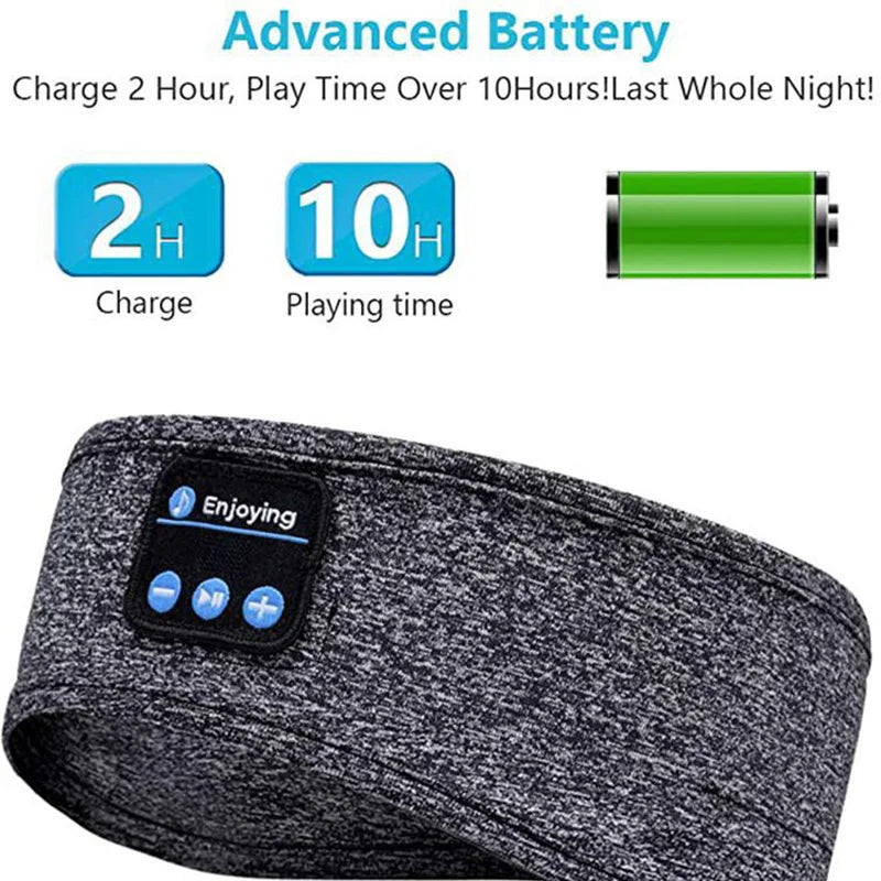 Grey Bluetooth music headband with control panel, featuring a 2-hour charge time and 10+ hours of battery life.