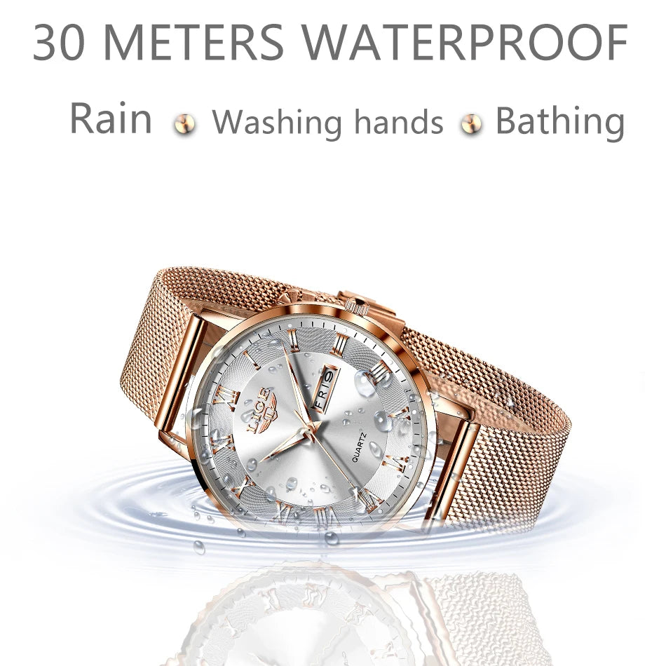 Elegant rose gold stainless steel women's bracelet watch with a silver face, water-resistant to 30 metres.