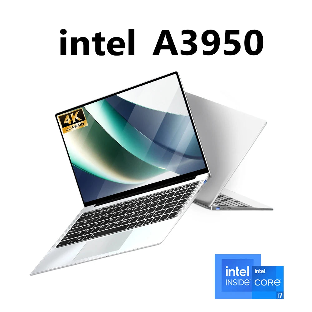 Slim 14.1-inch silver laptop featuring a 4K display, black keyboard, and sleek metallic design.